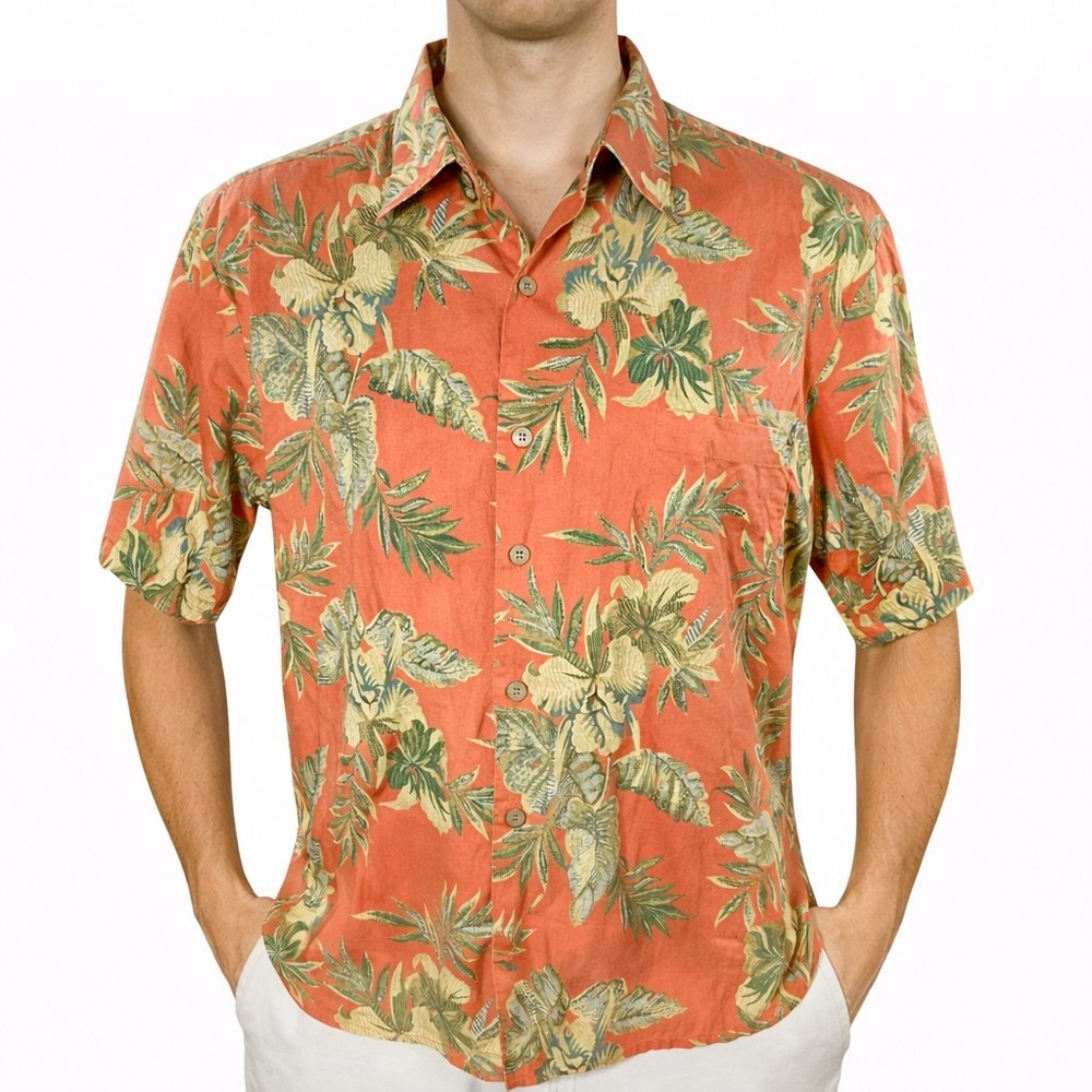 Tori Richard Hawaiian Aloha Shirt Large Tropical Flowers Leaves Orange